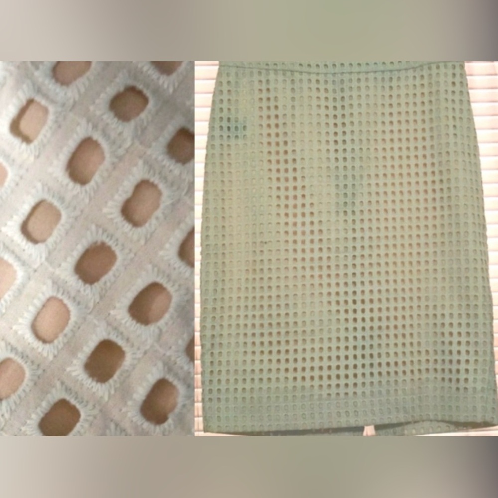 ☀️🧊100% Cotton Ann Taylor Preppy Mint Green Lace Eyelet Textured Pencil Skirt